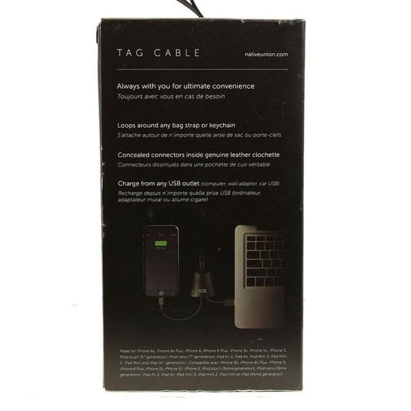 NATIVE UNION Black TAG CABLE Lightning Cable USB Leather Clochette For Bag NIB - Picture 3 of 4